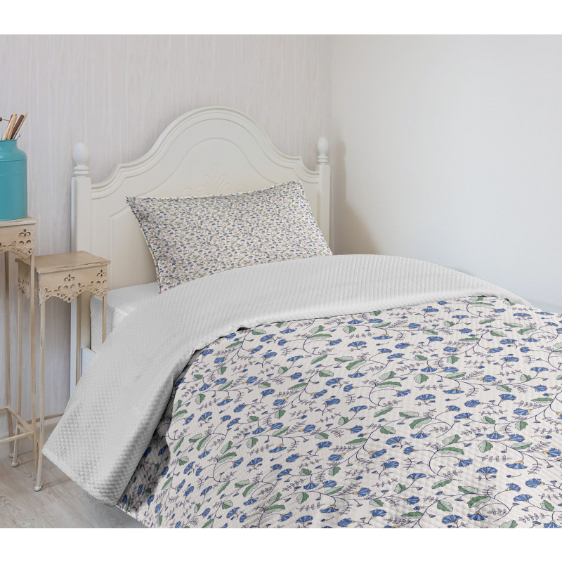 Blue Cornflowers and Leaves Bedspread Set