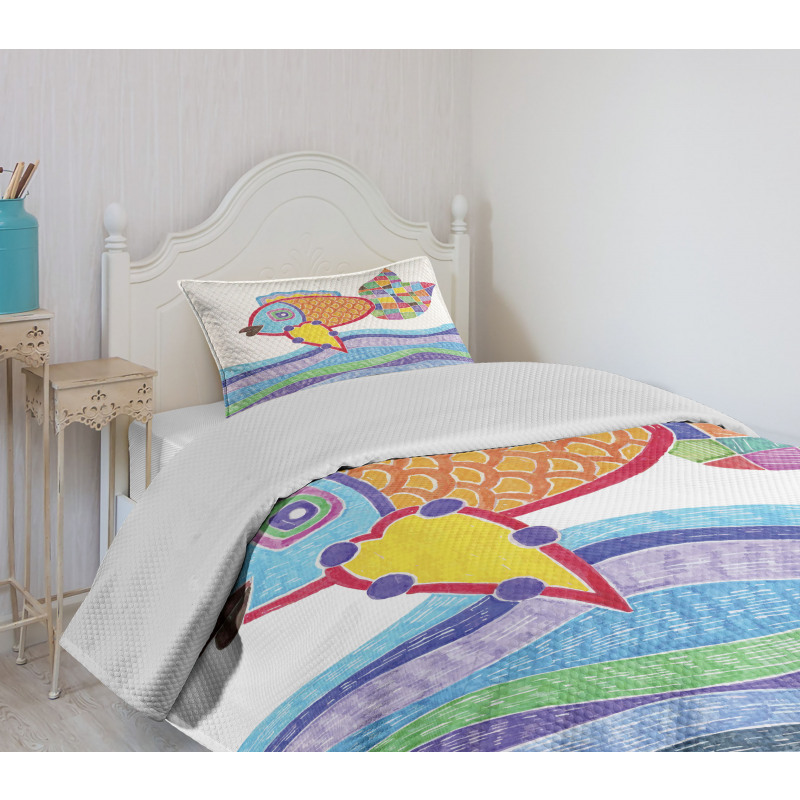 Fish Scales and Squares Doodle Bedspread Set