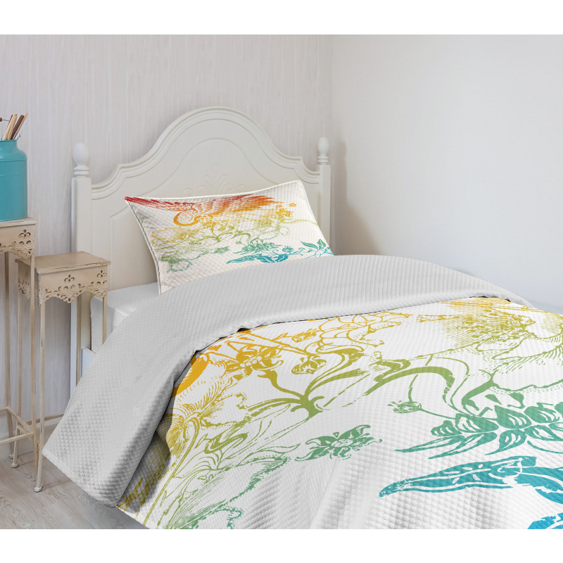 Oriental Bird with Flowers Bedspread Set