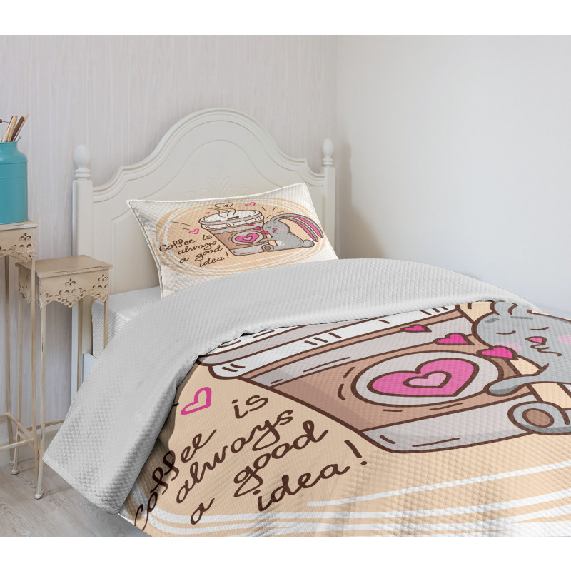 Coffee Lover Rabbit Words Bedspread Set