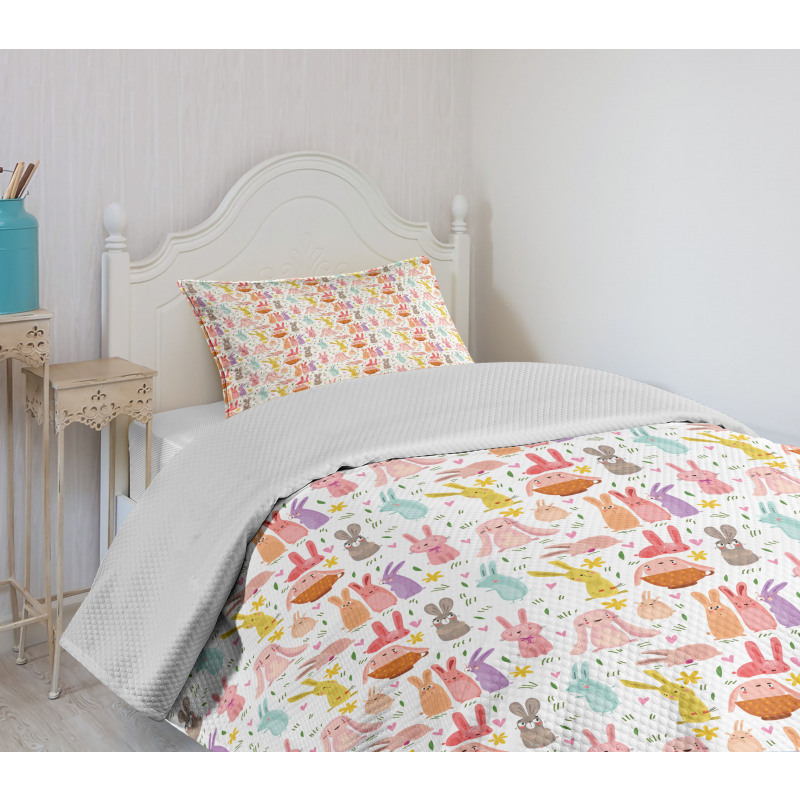 Colorful Rabbits Pink Hearts Bedspread Set