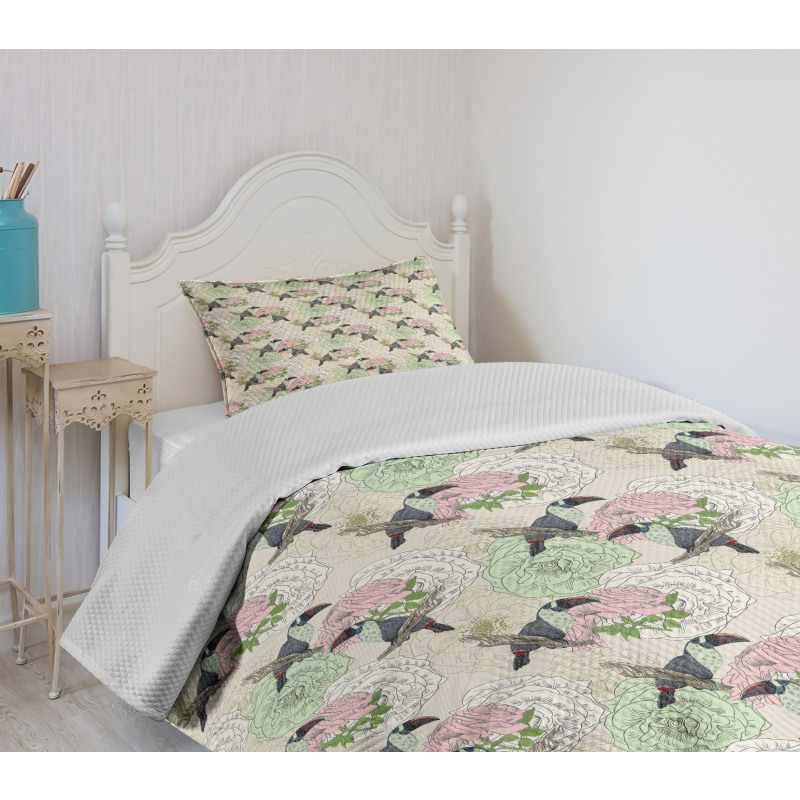 Wild Roses and Toucan Bird Bedspread Set