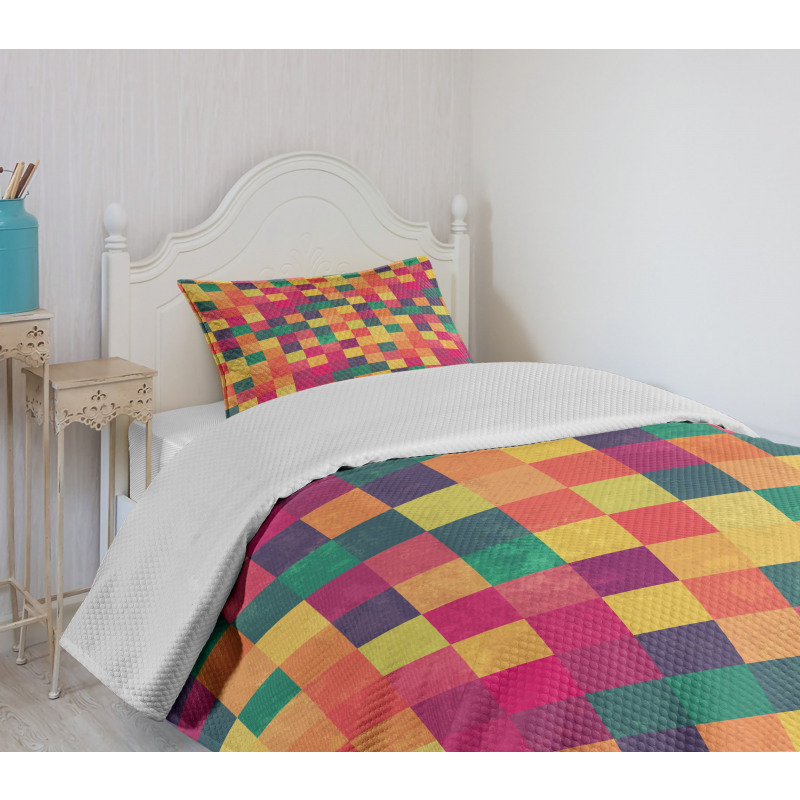 Vintage Colorful Squares Bedspread Set