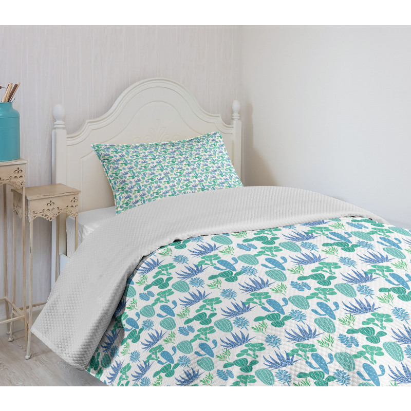 Blue Green Cacti Plants Bedspread Set