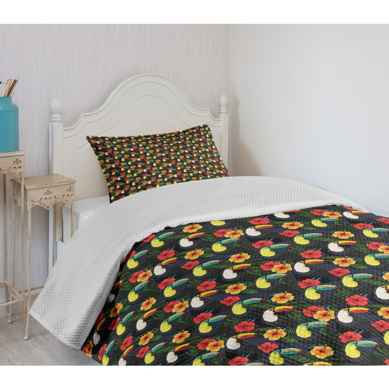 Toucan Birds Hibiscus Leaves Bedspread Set