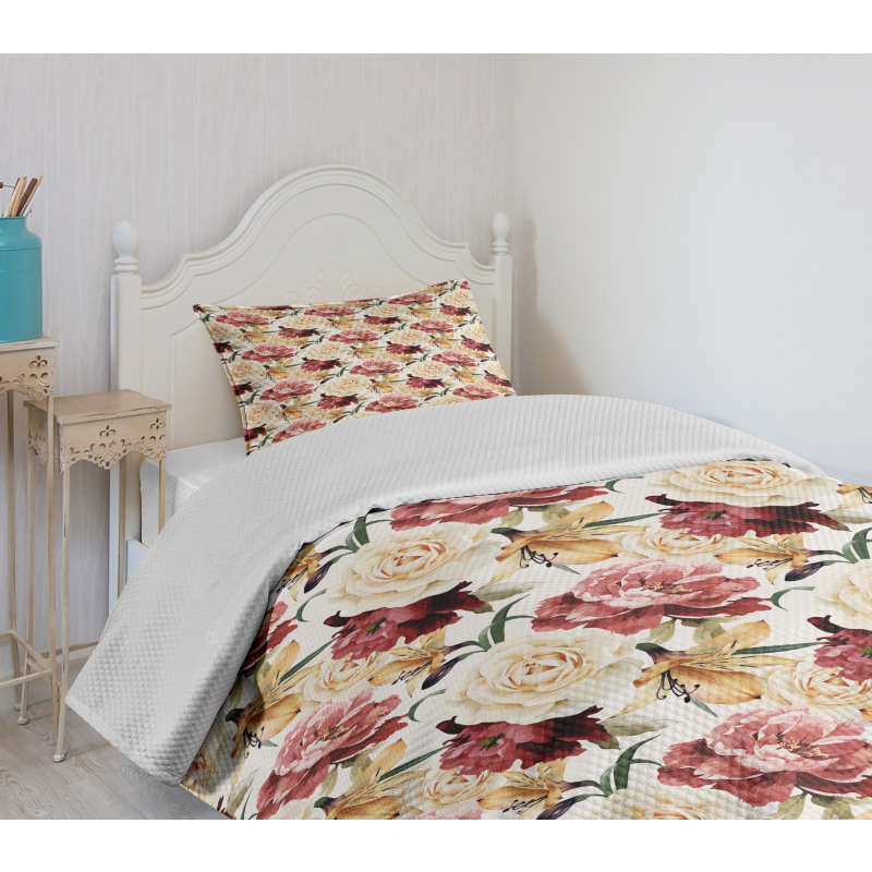 Watercolor Roses Peonies Bedspread Set