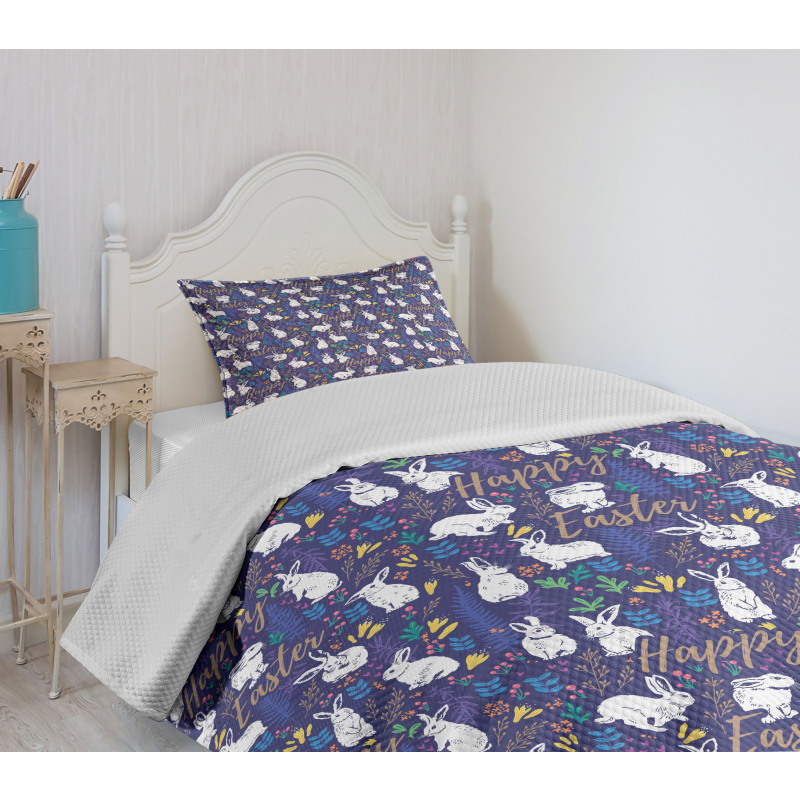 Floral Bunnies Poses Bedspread Set