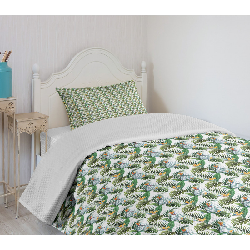 Leaves Bird of Paradise Flower Bedspread Set