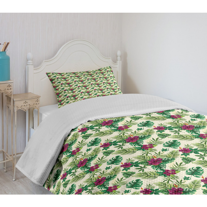 Exotic Foliage and Hibiscus Bedspread Set