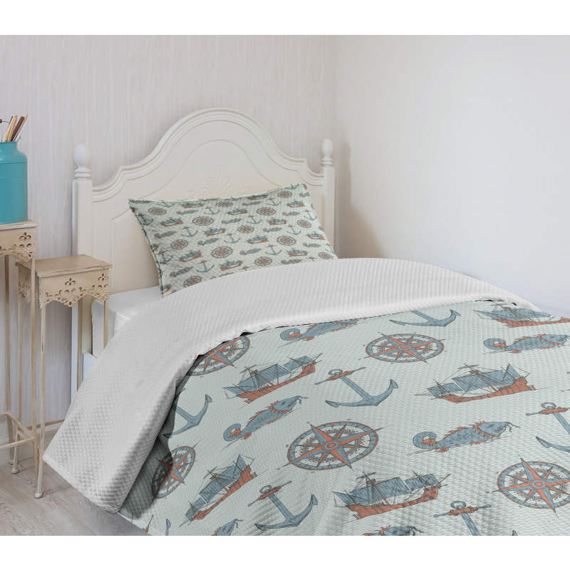 Anchor Windrose Fish Ships Bedspread Set