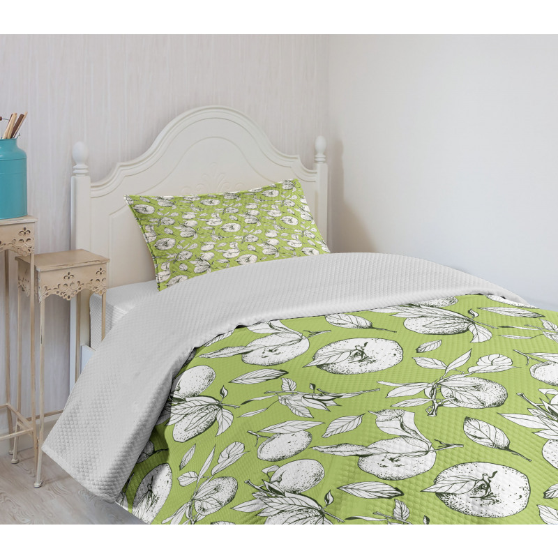 Sketch Drawn Citrus Fruit Bedspread Set