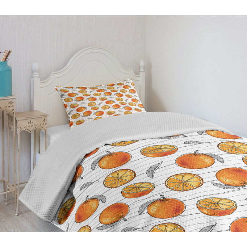 Sketch Lines and Oranges Bedspread Set