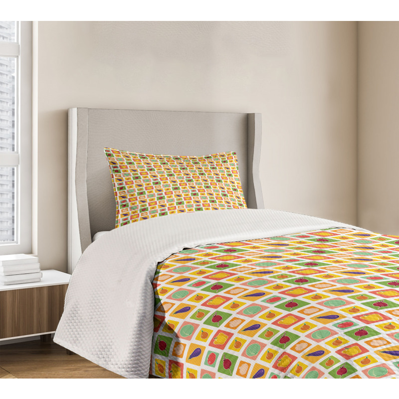 Foods in Vivid Squares Bedspread Set