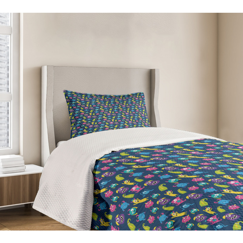 Funny Monsters Making Faces Bedspread Set