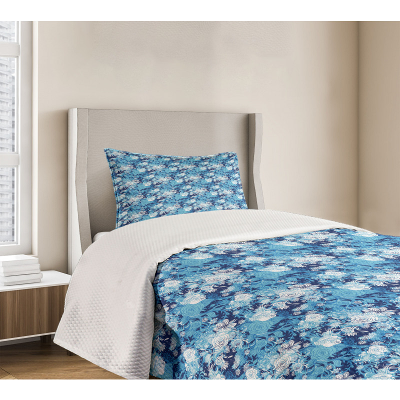 Blue Color Palette Roses Bedspread Set