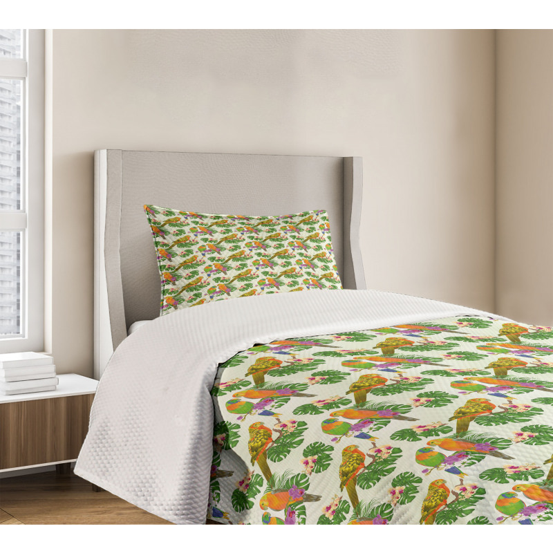 Vivid Floral Parrots Bedspread Set