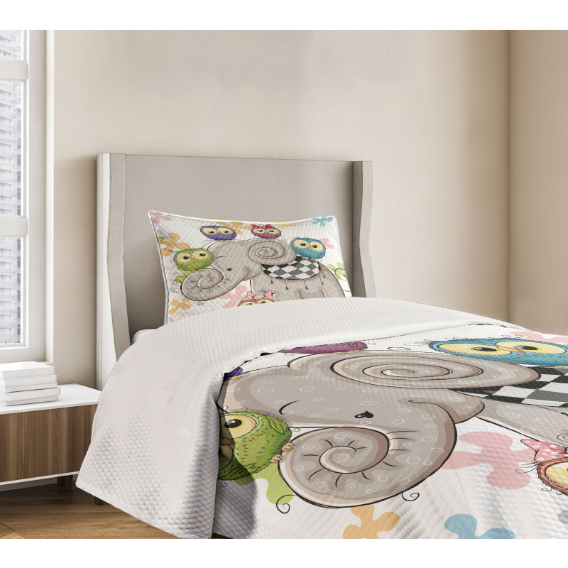 Elephant and Owls Love Bedspread Set