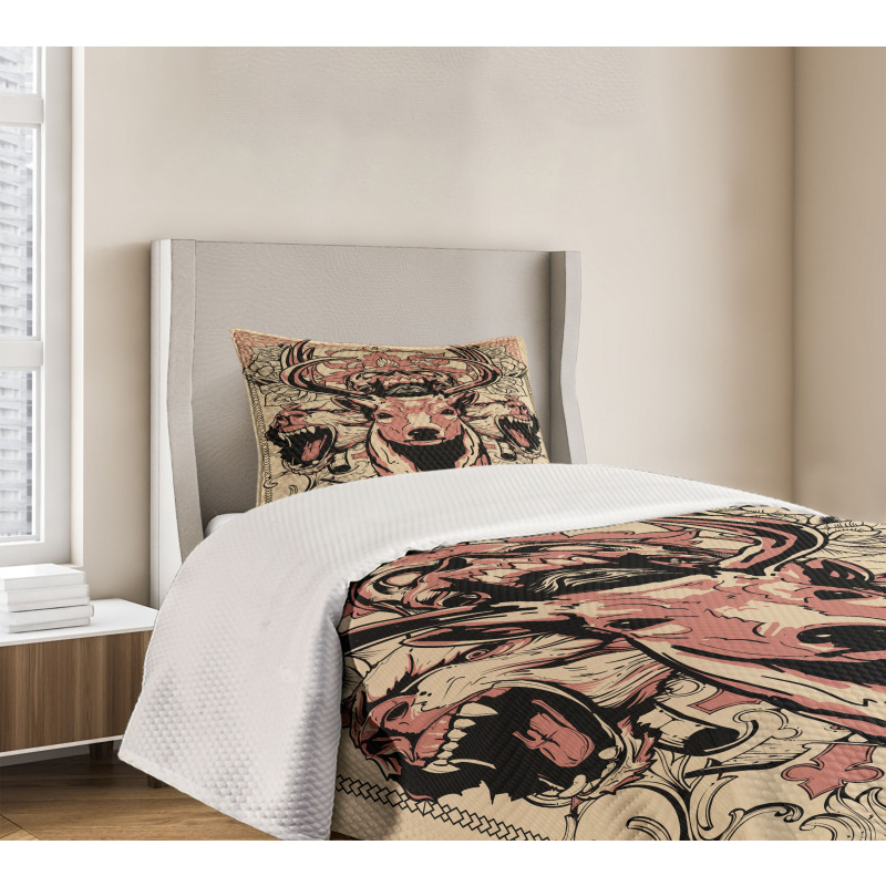 Floral Skull and Wolves Bedspread Set