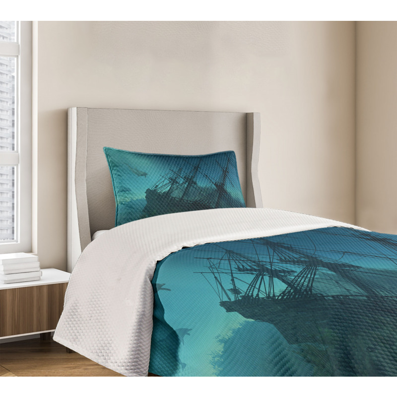 Dolphins Ship Sea Bedspread Set