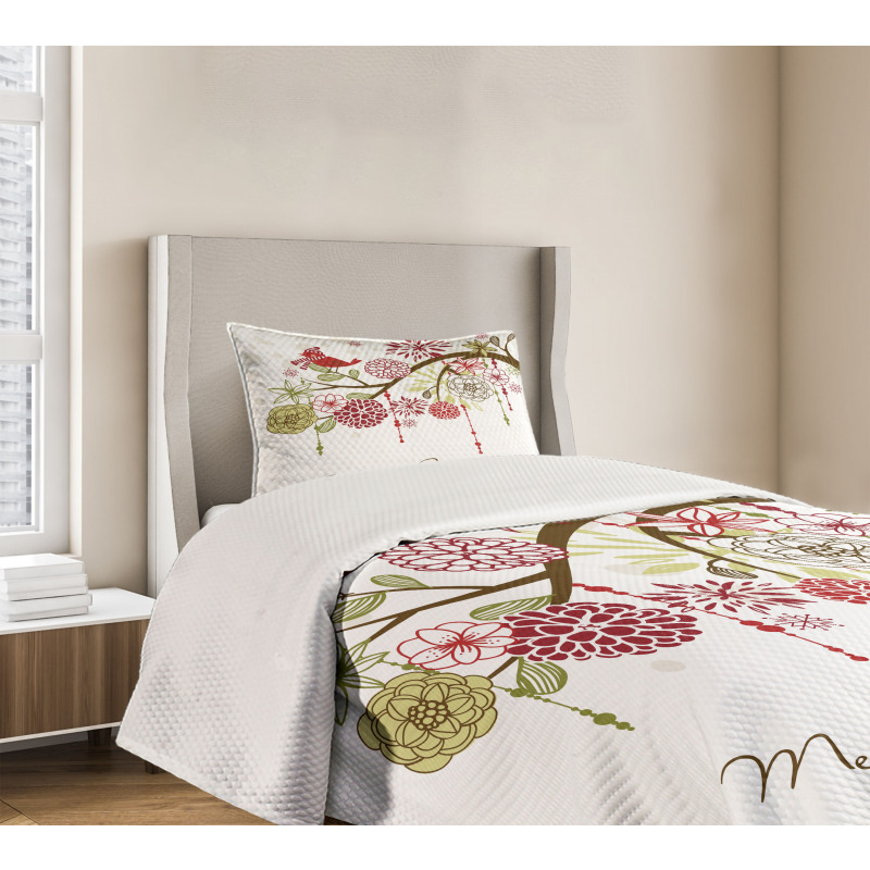 Red Bird Floral Tree Bedspread Set