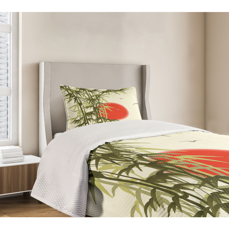 Asian Branch on Sunset Birds Bedspread Set