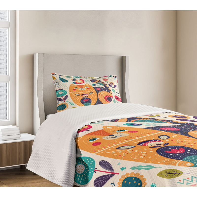 Cat and Flower Leaf Bedspread Set