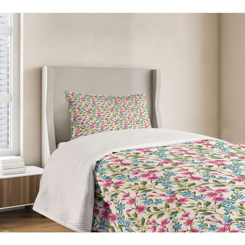 Shabby Plant Leaves Buds Bedspread Set