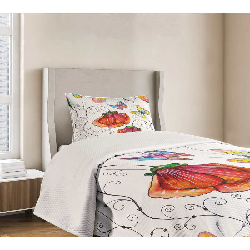 Swirled Flowers Flamingo Bedspread Set