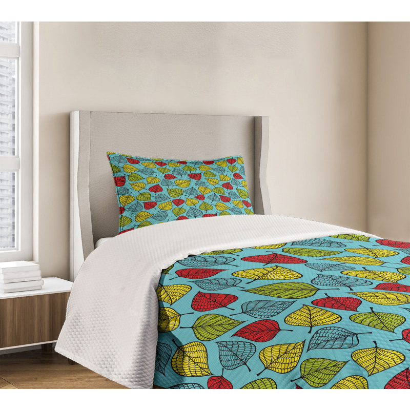 Falling Leaves on Blue Bedspread Set