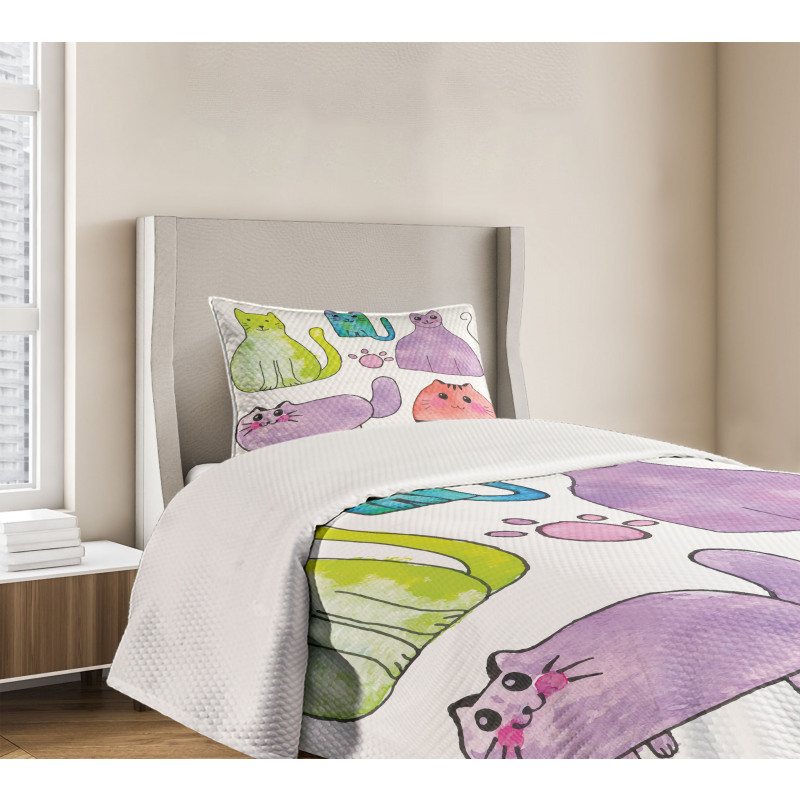 Cats in Watercolor Style Bedspread Set