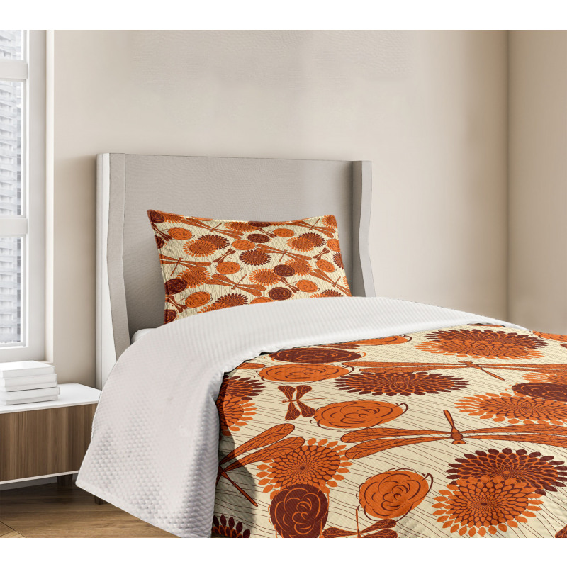 Orange Flowers Dragonfly Bedspread Set