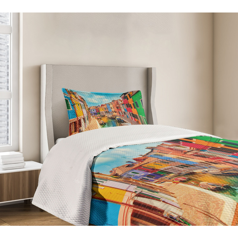 Colorful Buildings Boats Bedspread Set