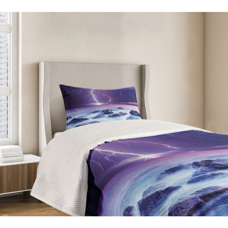 Stormy Sky Ocean Rocks Night Bedspread Set