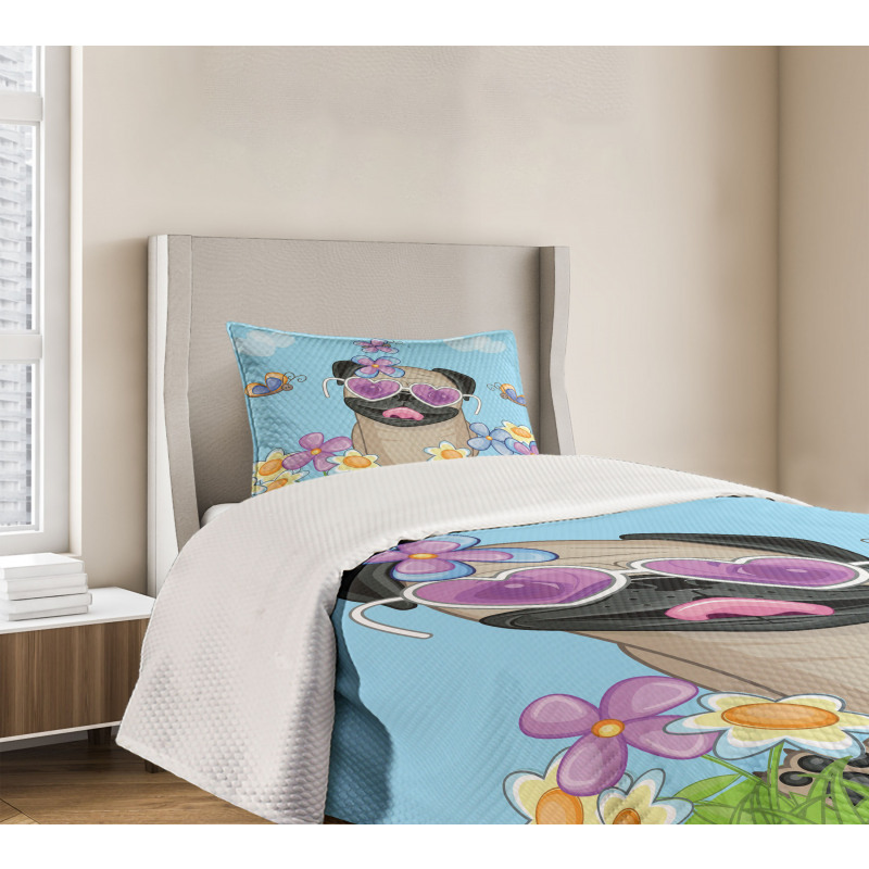 Puppy on the Field Flowers Bedspread Set