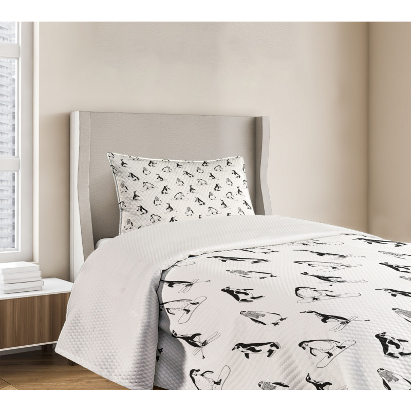 Skiing Penguins in Scarves Bedspread Set