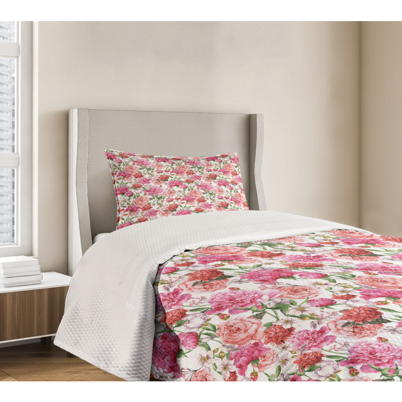 Pink Peonies Roses Bedspread Set