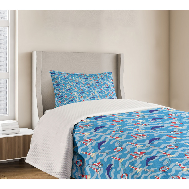 Wavy Lines Dolphins Bedspread Set