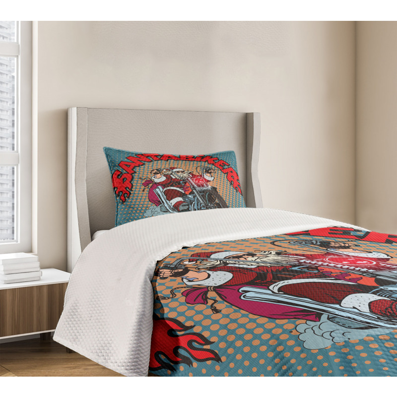 Pop Art Retro Biker Santa Bedspread Set