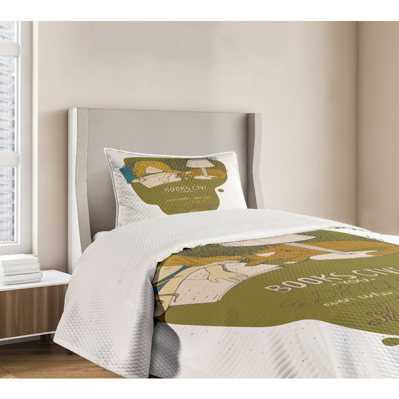 Girl and Cat Sleep on Book Bedspread Set