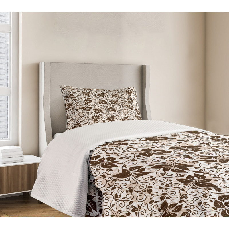 Brown Flower Leaves Bedspread Set