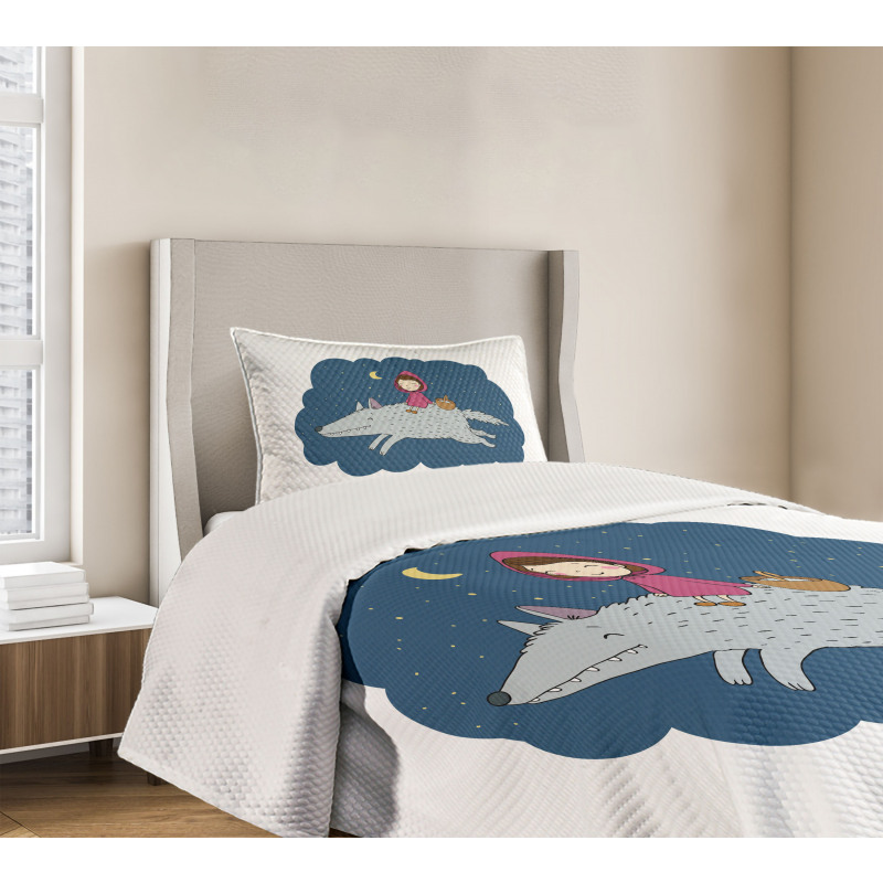 Cartoon Girl on Giant Wolf Bedspread Set