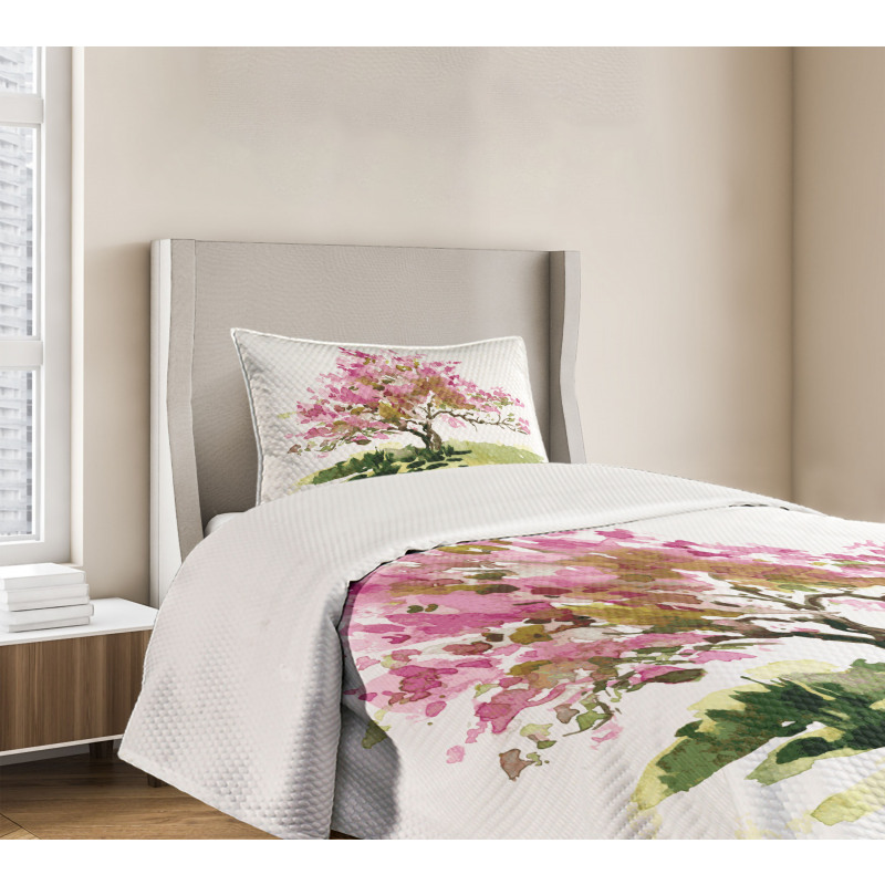 Watercolor Sakura Leaves Bedspread Set