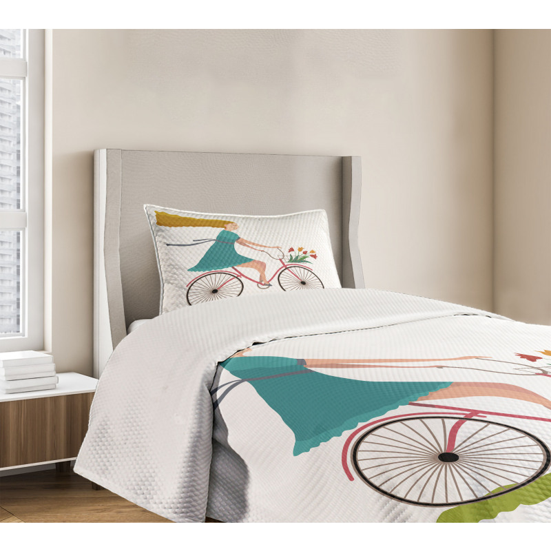 Woman on Bike Tulips Bedspread Set