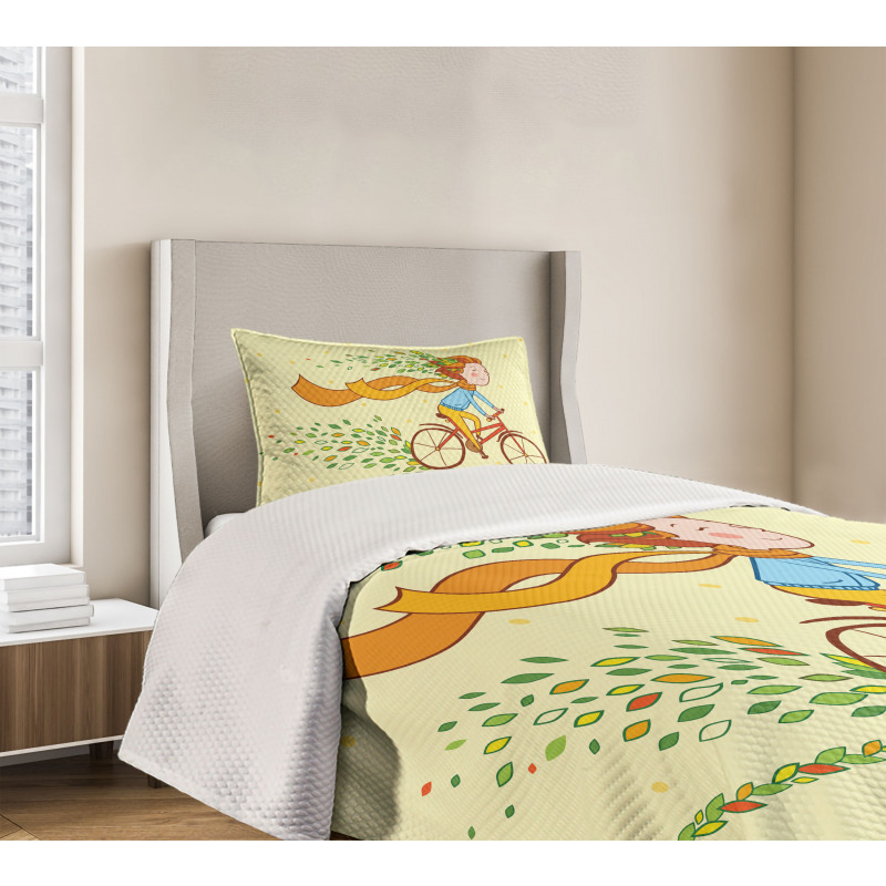 Girl Bike Autumn Leaves Bedspread Set