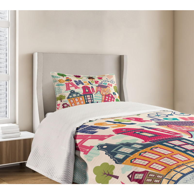 Cartoon Amsterdam Houses Bedspread Set