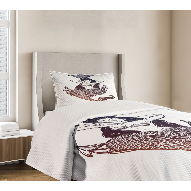 Monochrome Mermaid Motif Bedspread Set