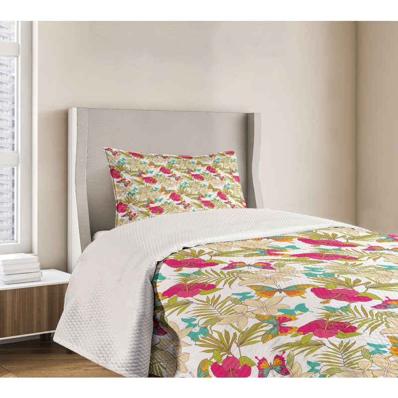 Tropical Flowers Leaves Bedspread Set