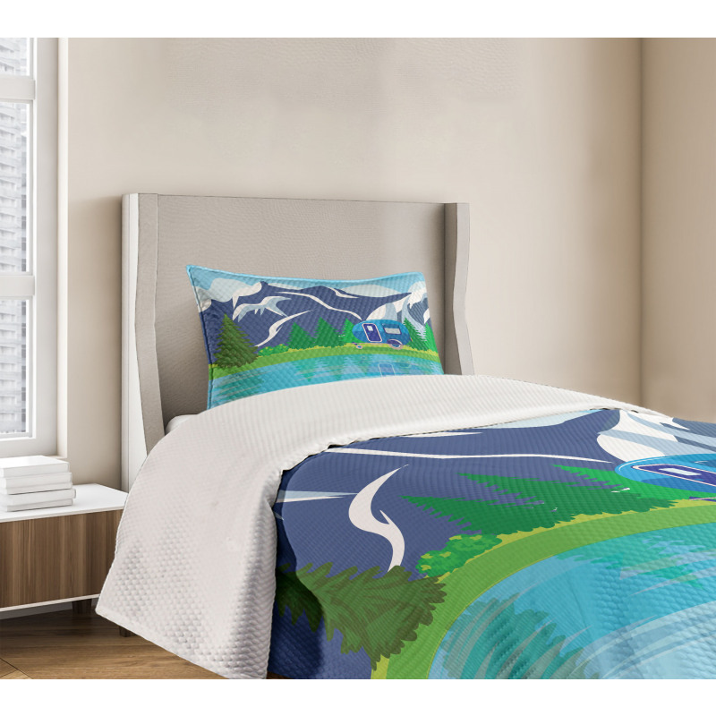 Cartoon Lake Landscape Bedspread Set