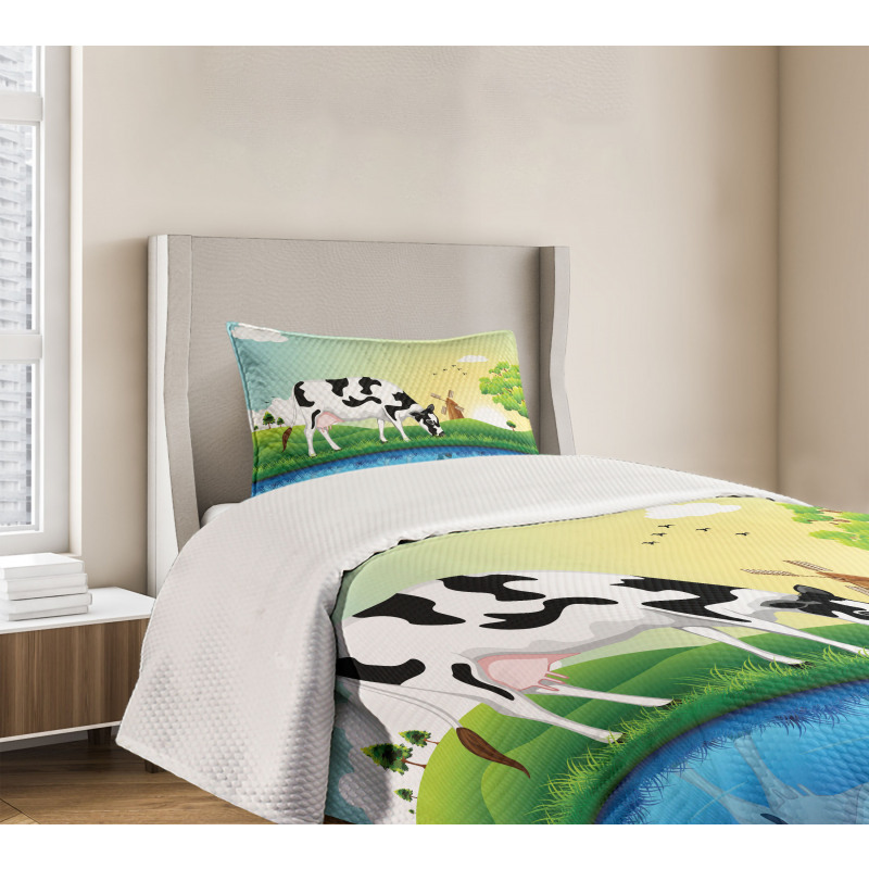 Field Tree Lake Windmill Bedspread Set