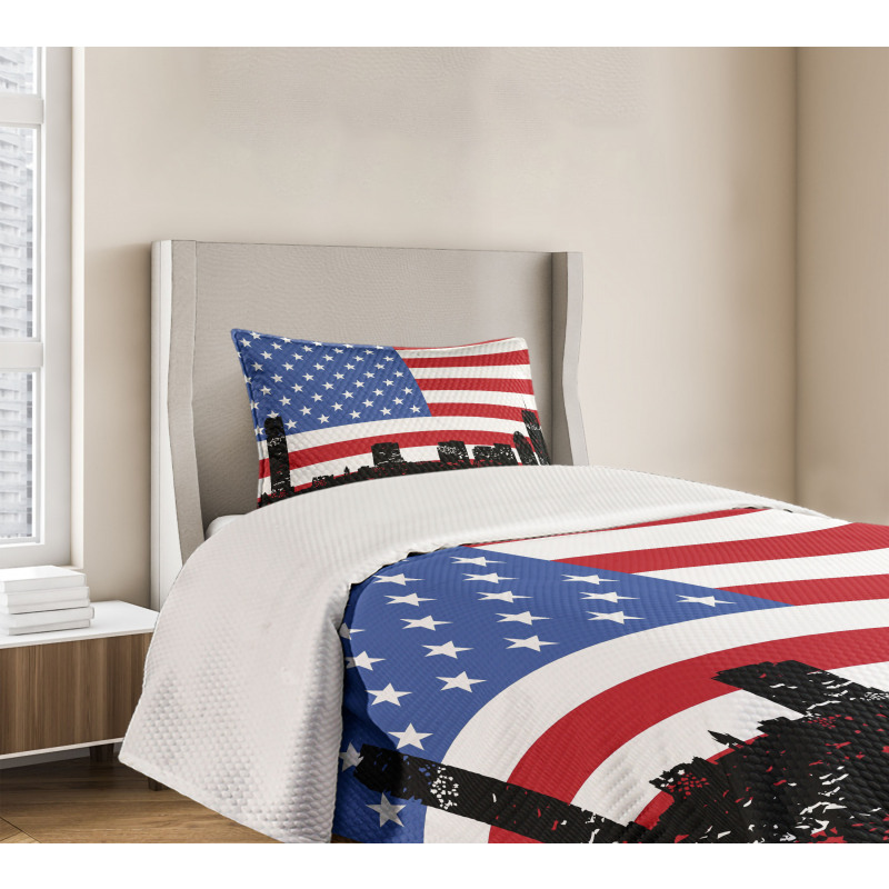 Skyline and US Flag Bedspread Set